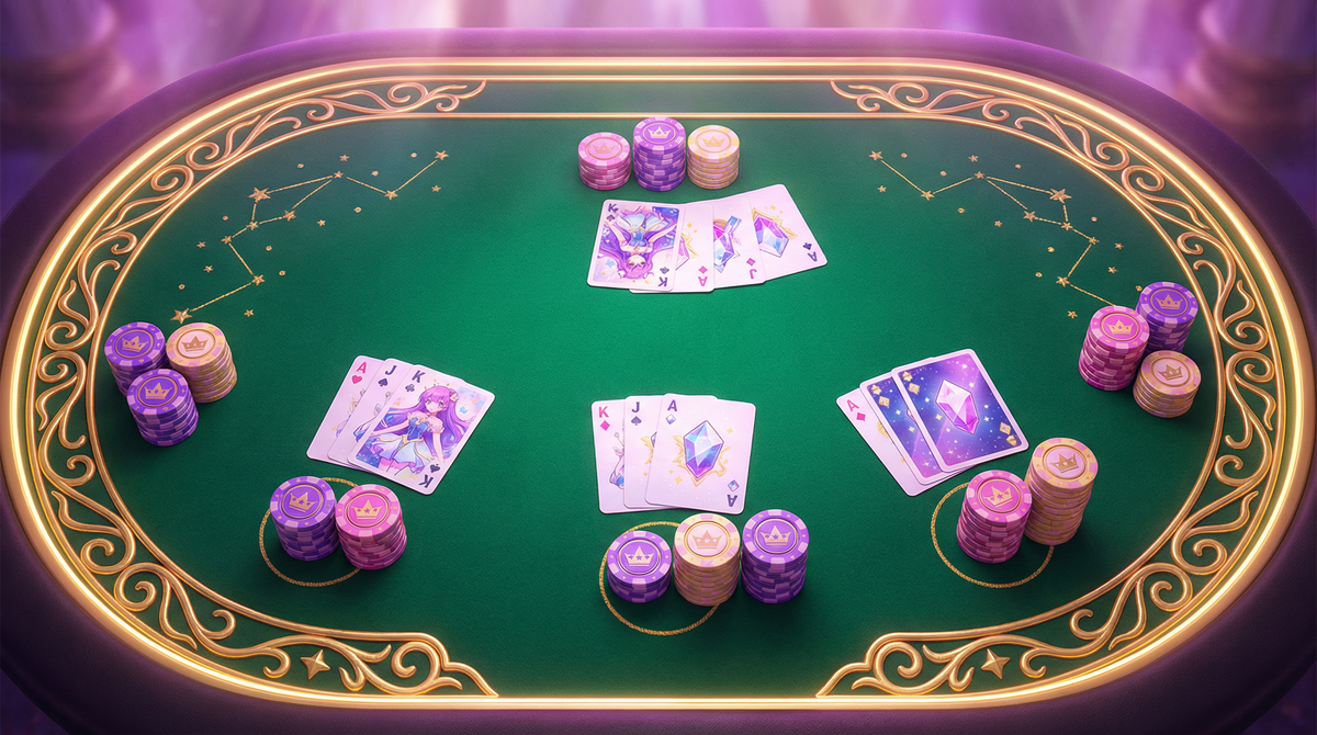 Mesa de blackjack luxuosa com cartas mágicas e fichas em roxo, rosa e dourado