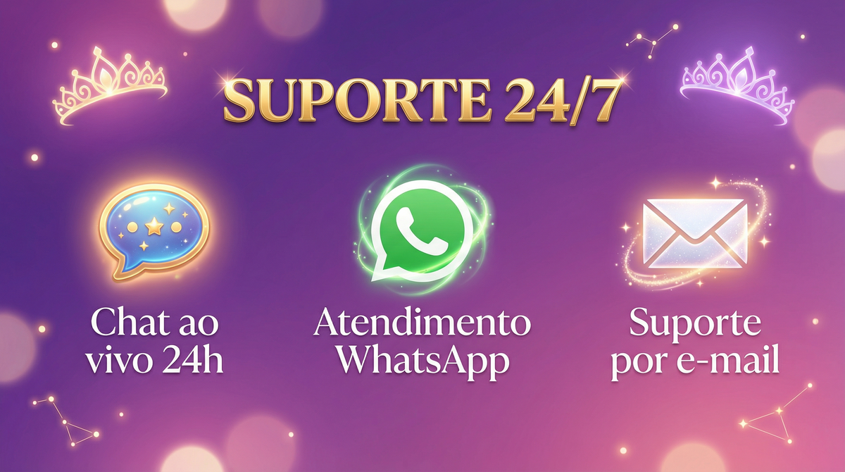 Suporte 24/7 disponível via chat ao vivo, WhatsApp e e-mail